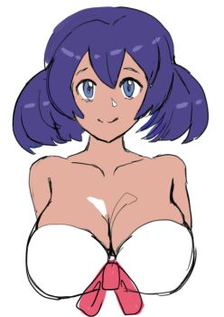 1girl blue_eyes breasts cleavage dark-skinned_female dark_skin large_breasts looking_at_viewer medium_hair nintendo pokemon pokemon_xy purple_hair simple_background sina_(pokemon) solo sunbeam_(artist)