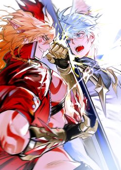 2boys alternate_costume animal_ear_fluff animal_ears antenna_hair arm_tattoo belt black_belt black_shirt blonde_hair blue_eyes braid chest_belt chest_tattoo clawed_gauntlets coat commentary_request crystal dawnmaker_(honkai:_star_rail) duel facial_tattoo fsh887624596321 gradient_hair highres honkai:_star_rail honkai_(series) jacket large_pectorals male_focus medium_hair multicolored_hair multiple_boys mydei_(honkai:_star_rail) neck_tattoo nipples open_mouth parted_bangs pectorals phainon_(honkai:_star_rail) profile red_hair red_jacket red_tattoo shirt short_hair side_braid sun_symbol sun_tattoo tan tattoo toned toned_male white_coat white_hair wolf_boy wolf_ears yellow_eyes