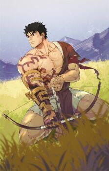 1boy alternate_weapon bara bare_pectorals black_hair bow_(weapon) costume_request drawing_bow earrings fighting_stance flexing_pectorals forked_eyebrows frown hadanugi_dousa highres holding holding_bow_(weapon) holding_weapon jewelry looking_to_the_side male_focus muscular muscular_male nature nintendo open_kimono pectorals ryu_(street_fighter) serious short_hair short_shorts shorts sideburns solo street_fighter the_legend_of_zelda thick_eyebrows weapon yuiofire
