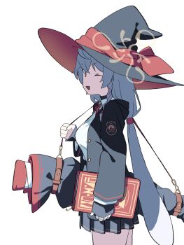 1girl black_hat black_jacket black_skirt blue_archive book eri_(blue_archive) from_side halo hat highres holding holding_book jacket long_hair long_sleeves looking_at_viewer miyamura_(mymr06) one_eye_closed open_clothes open_jacket open_mouth shirt simple_background skirt smile solo white_background white_hair white_shirt witch_hat yellow_eyes yellow_halo