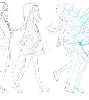 1girl coat comiket_107 commentary_request from_side full_body gakuen_idolmaster glasses highres idolmaster kyafu long_hair multiple_monochrome multiple_views profile shinosawa_hiro walking