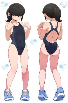 1boy absurdres ass back black_hair bulge commentary_request flat_chest hair_over_eyes heart highres one-piece_swimsuit original ponytail salsiccia_makino shoes short_hair sidelocks simple_background sneakers swimsuit trap white_background