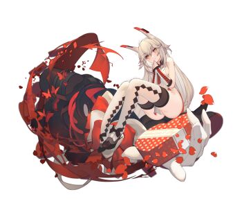 1girl alternate_costume artist_request bare_arms bare_shoulders black_bow bow box breasts bug butterfly collar collared_dress colored_sclera cross-laced_clothes cross-laced_sleeves detached_sleeves diagonal_striped_collar diamond_(shape) diamond_print dress evelynn_(final_gear) evelynn_(pathogen)_(final_gear) final_gear full_body gloves grey_collar grin hair_between_eyes hair_flaps heart-shaped_box highres insect long_hair long_sleeves looking_at_viewer mechanical_ears mechanical_hands multicolored_footwear necktie no_pants official_art open_mouth panties polka_dot red_butterfly red_necktie red_petals red_sclera shoe_box sideboob simple_background single_glove single_mechanical_hand sleeveless sleeveless_dress sleeves_past_wrists smile solo tachi-e teeth thighhighs third-party_source transparent_background two-tone_thighhighs underwear valentine very_long_hair white_dress white_gloves white_hair white_panties white_sleeves white_thighhighs yellow_eyes