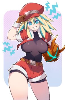 1girl absurdres black_bodysuit blonde_hair blue_eyes bodysuit breasts cowboy_shot cropped_jacket hat highres jacket large_breasts medium_hair mega_man_(series) mega_man_legends_(series) newsboy_cap open_clothes open_jacket pea-bean red_hat red_jacket red_shorts roll_caskett_(mega_man) shorts simple_background solo