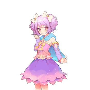1girl aqua_cape armpits bare_shoulders bow bowtie cape detached_sleeves dress flat_chest gradient_clothes gradient_dress hair_ornament hair_ribbon index_finger_raised looking_at_viewer mayachi_(amuriya) melo_(uchihime) multicolored_dress pink_dress purple_dress purple_hair red_eyes ribbon short_hair smug star_(symbol) star_hair_ornament twintails uchi_no_hime-sama_ga_ichiban_kawaii white_ribbon yellow_bow yellow_bowtie