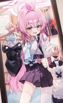 1girl absurdres apron black_leotard blue_archive blue_eyes blue_necktie breasts capry chest_harness hair_between_eyes halo harness heterochromia highres hoshino_(blue_archive) leotard maid maid_apron necktie pink_hair pink_halo playboy_bunny shirt small_breasts solo thighhighs thighs white_apron white_shirt white_thighhighs yellow_eyes