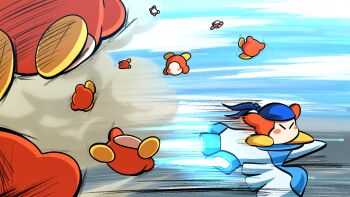 bandana bandana_waddle_dee blown_away blue_bandana blush_stickers closed_eyes colored_skin commentary_request ddddndn highres kirby_(series) kirby_air_ride kirby_air_riders motion_lines nintendo no_humans orange_skin scene_reference waddle_dee wing_star