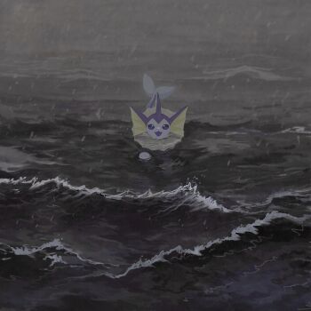 :d absurdres commentary_request gen_1_pokemon highres nintendo no_humans ocean open_mouth outdoors pokemon pokemon_(creature) pokemon_focus rain smile solo vaporeon water yj0i0