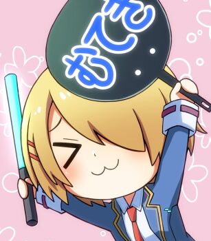 >_< 1girl :3 arms_up asaba_touka blue_jacket blush chibi chibi_only collared_shirt commentary_request dual_wielding dutch_angle furrowed_brow glowstick hair_ornament hair_over_one_eye hairclip hand_fan heaven_burns_red holding holding_fan holding_glowstick jacket kayamori_ruka long_bangs long_sleeves necktie one_eye_covered open_clothes open_jacket parallel_hairclips red_necktie shirt short_hair simple_background solo translated upper_body white_shirt