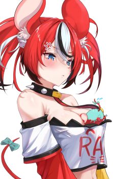 1girl anger_vein animal_between_breasts animal_ear_fluff animal_ears bare_shoulders between_breasts black_collar black_hair blue_eyes blush bow breasts cleavage closed_mouth collar colored_tips commentary_request crossed_bangs dice_hair_ornament double-parted_bangs hair_between_eyes hair_ornament hakos_baelz hakos_baelz_(1st_costume) highres hololive hololive_english ilie_ilie layered_sleeves long_sleeves medium_breasts mouse_ears mouse_girl mouse_tail multicolored_hair off-shoulder_shirt off_shoulder red_hair shirt short_over_long_sleeves short_sleeves simple_background solo spiked_collar spikes strapless strapless_shirt streaked_hair tail tail_bow tail_ornament virtual_youtuber white_background white_hair white_shirt