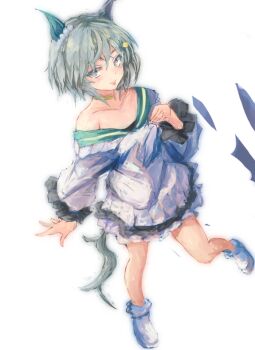 1girl animal_ears bare_shoulders blue_eyes blush breasts choker closed_mouth collarbone commentary_request dress ear_covers flower green_sailor_collar grey_hair hair_between_eyes hair_flower hair_ornament hairclip horse_ears horse_girl horse_tail long_sleeves looking_at_viewer sailor_collar seiun_sky_(reeling_in_the_big_one)_(umamusume) seiun_sky_(umamusume) shoes short_hair simple_background single_ear_cover small_breasts solo sunflower sunflower_hair_ornament tail tongue tongue_out umamusume white_background white_dress yanagi_wakana