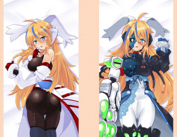 1girl ahoge ass bare_shoulders black_sclera blaster_master_zero blaster_master_zero_2 blonde_hair blue_eyes blue_hair blue_skin bracelet breasts colored_sclera colored_skin dakimakura_(medium) eve_(blaster_master_zero) facial_mark female_focus hair_ribbon heterochromia highres huge_breasts jewelry long_hair looking_at_viewer mechanical_arms multicolored_skin ribbon single_mechanical_arm tagme tonchinkan white_eyes