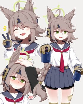 1boy 1girl ahoge animal_ears bandaid bandaid_on_leg bandaid_on_thigh bike_shorts blue_archive blush braid brown_hair closed_eyes coffee commentary_request cup drinking_glass fox_ears fox_girl gloves green_eyes green_halo hair_tie halo headpat headset highres holding holding_cup knee_pads long_hair long_sleeves midriff_peek mug neckerchief open_mouth otogi_(blue_archive) pleated_skirt red_neckerchief school_uniform serafuku simple_background single_braid skirt v white_background zetsumame