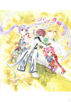 3girls 4boys absurdres armor asbel_lhant blonde_hair blue_eyes blue_hair brown_eyes brown_hair cheria_barnes coat expressionless flower glasses gloves highres holding holding_sword holding_weapon hubert_ozwell inomata_mutsumi long_hair looking_to_the_side malik_caesars medium_hair multiple_boys multiple_girls official_art open_clothes open_coat pascal_(tales) petals purple_eyes purple_hair red_hair richard_(tales) scan sheath short_hair smile sophie_(tales) sword tales_of_(series) tales_of_graces traditional_media twintails unsheathing very_long_hair weapon