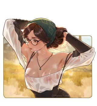 1girl adjusting_hair alma_(monster_hunter_wilds) armpits breasts brown_eyes brown_hair covered_erect_nipples dark-skinned_female dark_skin dripping headscarf highres jewelry medium_breasts mole mole_under_eye monster_hunter_(series) monster_hunter_wilds necklace nevee off-shoulder_shirt off_shoulder open_mouth see-through_clothes shirt solo sweat