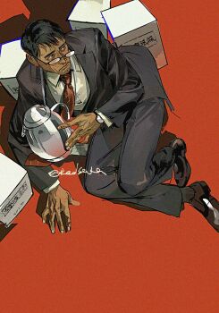 1boy beard_stubble black_hair black_shoes box brown_eyes brown_suit chinese_text closed_mouth coffee_pot collared_shirt facial_hair formal_clothes glasses grey_socks hand_on_floor highres hugging_object jewelry looking_to_the_side male_focus mature_male necktie old old_man on_floor original parted_hair red_background red_necktie redsakaone ring shirt shoes short_hair sitting socks solo striped_necktie stubble suit watch white_shirt wristwatch
