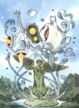 :d angel_statue blue_sky central_park_(new_york) comic_cover commentary_request cover cover_page creature creature_focus fantastic_four fountain h.e.r.b.i.e. highres jeff_(marvel) marvel no_humans official_art open_mouth outdoors peach_momoko real_world_location robot shark sharp_teeth sky smile statue teeth textless_version tree water