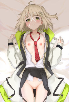 1girl 8ka43 absurdres arknights bar_censor black_skirt blonde_hair blush censored closed_mouth clothes_lift coat collarbone commentary cowboy_shot cum cum_on_body cum_on_hair facial flat_chest green_eyes hair_ornament hands_up highres loli looking_at_viewer lying necktie nipples on_back one_side_up open_clothes open_coat pussy red_necktie scene_(arknights) shirt short_hair skirt skirt_lift sleeves_past_wrists solo split_mouth star_(symbol) star_hair_ornament white_coat white_shirt