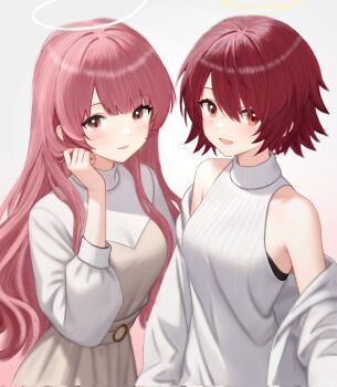 2girls :d arknights bare_shoulders blush brown_eyes commentary corrupted_twitter_file exusiai_(arknights) grey_background grey_skirt hair_between_eyes halo hand_in_own_hair hand_up highres lemuen_(arknights) long_hair long_sleeves multiple_girls off_shoulder one-hour_drawing_challenge open_mouth orange_eyes pink_hair red_hair ribbed_sweater short_hair simple_background skirt sleeveless sleeveless_sweater smile sweater traditional_halo turbidpeachzz turtleneck turtleneck_sweater white_halo yellow_halo