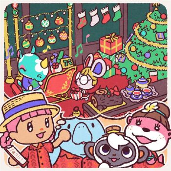2boys 4girls animal_crossing animal_crossing:_new_horizons aqua_skin aqua_tail azalea_(animal_crossing) beamed_eighth_notes belt black_belt black_eyes black_tank_top blonde_hair blue_sleeves blue_sweater blunt_bangs boater_hat border box bracelet braid braided_hair_rings cake candy_cane_ornament christmas christmas_lights christmas_ornaments christmas_stocking christmas_sweater christmas_tree clipboard closed_eyes coat collared_shirt colored_inner_animal_ears colored_skin commentary_request cup elephant_girl eyelashes eyeshadow fireplace floral_print food freckles fruit gift gift_box glasses hair_bun hair_rings hat hawaiian_shirt hibiscus_print holding holding_box holding_clipboard holding_gift horns house_print indoors jewelry lipstick long_sleeves looking_up lottie_(animal_crossing) low-tied_hair_ring makeup manatee_girl mini_hat monkey monkey_boy mouse_girl multiple_boys multiple_girls mushroom musical_note niko_(animal_crossing) nintendo nostrils official_art open_mouth otter otter_girl outline petri_(animal_crossing) pink_eyeshadow pink_fur print_shirt print_sleeves print_sweater quarter_note red_coat red_lips red_nose red_shirt red_sleeves round_box round_eyewear santa_costume second-party_source shirt short_sleeves single_horn speech_bubble star_ornament strawberry sweater tan tank_top tea teacup teapot thought_bubble tilted_headwear topknot tray tree_print two-tone_fur villager_(animal_crossing) wardell_(animal_crossing) white_border white_fur white_outline yellow_horns yule_log_(cake)