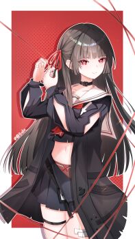 1girl arm_cutout black_choker black_hair black_jacket black_panties black_serafuku black_shirt black_skirt border chinese_commentary chisa_(wuthering_waves) choker closed_mouth clothing_cutout collarbone commentary_request cowboy_shot crop_top hair_ribbon highres jacket large_variant_set long_hair long_sleeves looking_at_viewer midriff mole mole_under_eye neckerchief open_clothes open_skirt panties red_background red_eyes red_neckerchief red_ribbon ribbon sailor_collar school_uniform serafuku shirt skirt smile solo thigh_strap thighs underwear variant_set white_border white_sailor_collar wuthering_waves yuanzi_ako