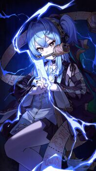 Rule 34 | 1girl, bare shoulders, black jacket, black nails, blue hair, buling (wuthering waves), commentary request, detached sleeves, dress, electricity, fingernails, highres, holding, holding ofuda, jacket, jewelry, long hair, mouth hold, nail polish, ofuda, orange eyes, ring, shengwr, side ponytail, solo, white dress, wuthering waves
