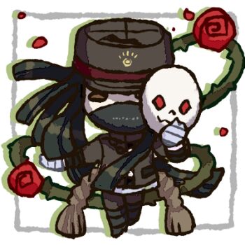 1boy androgynous bandaged_hand bandages black_boots black_hair black_mask blunt_ends boots brown_cape brown_eyes brown_jacket brown_pants buttons cape chibi collared_jacket commentary_request covered_mouth danganronpa_(series) danganronpa_v3:_killing_harmony drop_shadow floating_hair flower gakuran hat high_heel_boots high_heels holding holding_mask jacket knee_boots long_hair long_sleeves lowres male_focus mask mouth_mask na_no_(nanoatm) noh_mask outside_border pale_skin pants peaked_cap petals picture_frame plant pocket red_flower red_rose rose rose_petals school_uniform shinguji_korekiyo solid_oval_eyes solo standing thorns transparent_background undershirt vines white_mask zipper