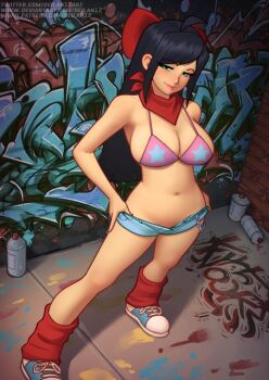 Rule 34 | 1girl, ahoge, bad id, bad twitter id, bikini, bikini top only, black hair, blue shorts, borrowed character, bow, breasts, character name, cleavage, clothes pull, commission, full body, graffiti, green eyes, hair bow, knocks (thinkingfruits), large breasts, leg warmers, long hair, navel, neckerchief, original, pink bikini, print bikini, pulling own clothes, red bow, red neckerchief, roncostar, short shorts, shorts, shorts pull, sideboob, solo, spaghetti strap, star (symbol), star print, star print bikini, straight hair, strap gap, swimsuit, thumb in pocket