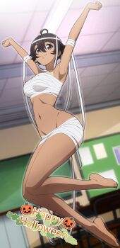 1girl absurdres armpits arms_up bandage_on_hair bandage_on_thigh bandaged_chest bandages black_hair breasts brown_eyes classroom commentary english_commentary full_body hair_between_eyes halloween halloween_costume happy_halloween highres indoors kdtwifi make_heroine_ga_oo_sugiru! medium_breasts midair mummy_costume naked_bandage navel short_hair smile solo stomach tan tanline yakishio_lemon