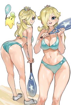 1girl alternate_breast_size_(larger) ass ball bare_shoulders bikini blonde_hair blue_bikini blue_eyes blush breasts cleavage closed_mouth collarbone crown earrings grey_crown hair_over_one_eye highres holding holding_tennis_racket jewelry large_breasts leaning_forward long_hair looking_at_viewer luma_(mario) mario_(series) mario_tennis navel nintendo open_mouth racket rosalina shoes silver_crown smile sneakers star_(symbol) star_earrings stomach sukoyaka_tsukasa swimsuit teeth tennis_ball tennis_racket upper_teeth_only