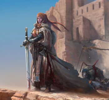 1girl armor axe battle_axe black_hair blood blood_on_clothes bloody_weapon blue_sky blurry blurry_background boots brown_boots castle closed_mouth commentary english_commentary flag freckles full_armor full_body highres holding holding_sword holding_weapon kim_junghun lips looking_to_the_side original planted planted_sword planted_weapon robe shield shield_on_back short_hair sky solo_focus standing sword weapon white_robe