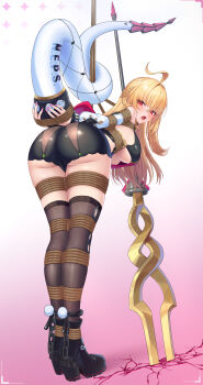 1girl absurdres ahoge arms_behind_back ass bdsm bent_over black_shoes black_shorts bondage bound bound_arms bound_legs breasts brown_thighhighs cissia_(zenless_zone_zero) commentary crack cracked_floor english_commentary fintowing from_behind hair_between_eyes highres large_breasts looking_at_another looking_at_viewer open_mouth pink_nails red_eyes shibari shoes shorts snake_girl snake_tail tail thighhighs underboob weapon zenless_zone_zero