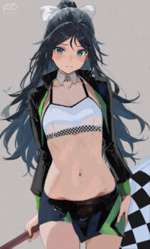 1girl black_hair black_jacket black_skirt blue_eyes checkered_flag cosplay cowboy_shot cropped_jacket detached_collar flag grey_background haruto_(harut_n) jacket kantai_collection katsuragi_(kancolle) long_hair midriff miniskirt navel ponytail race_queen ribbon skirt solo strapless tube_top two-tone_skirt white_ribbon white_tube_top zuikaku_(kancolle) zuikaku_(kancolle)_(cosplay) zuikaku_(race_queen)_(kancolle)