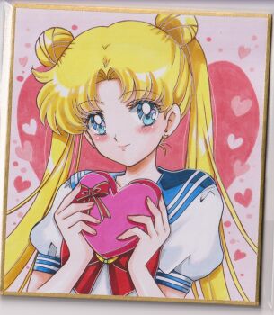 Rule 34 | 1girl, bishoujo senshi sailor moon, blonde hair, blue eyes, blue sailor collar, blue trim, blush, bow, box, box of chocolates, chikoto (kztc4472), closed mouth, commentary, crescent, crescent earrings, double bun, earrings, hair bun, hands up, heart, heart-shaped box, heart background, highres, holding, holding box, jewelry, lips, lone nape hair, long hair, looking at viewer, photo (medium), picture frame, pink background, puffy short sleeves, puffy sleeves, red bow, ribbon, sailor collar, school uniform, serafuku, shirt, short sleeves, smile, solo, traditional media, transformation brooch (sailor moon), tsukino usagi, upper body, valentine, white shirt