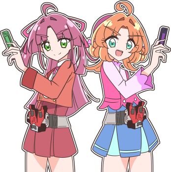 Rule 34 | 2girls, ahoge, akechi anna, bow, closed mouth, doubledriver, dress, gaia memory, green eyes, hair ornament, henshin pose, highres, kamen rider, kamen rider w, kobayashi mikuru, long hair, looking at viewer, meitantei precure!, multiple girls, open mouth, orange hair, pink hair, precure, reiei 8, rider belt, shirt, simple background, skirt, smile, white background