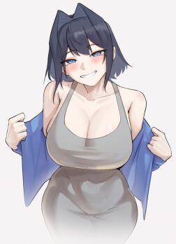 1girl absurdres alternate_costume blue_eyes blue_hair blush breasts cleavage closed_mouth commentary dress english_commentary highres hololive hololive_english looking_at_viewer medium_hair nurizza_ilst ouro_kronii sleeveless sleeveless_dress smile solo virtual_youtuber white_dress