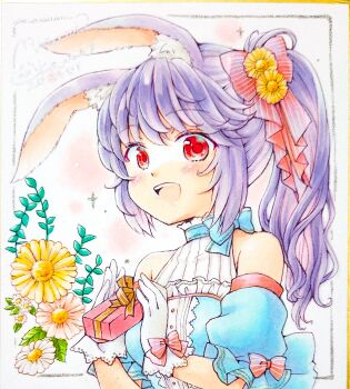 1girl :d animal_ear_fluff animal_ears blue_bow blue_sleeves blush bow choppy_bangs commentary_request detached_sleeves flower flower_request gift gloves hair_bow hair_flower hair_ornament highres holding holding_gift long_hair looking_at_viewer marker_(medium) minami_kawa open_mouth original photo_(medium) pink_bow pink_flower ponytail purple_hair rabbit_ears red_eyes shikishi shirt sleeve_bow sleeveless sleeveless_shirt smile solo striped_bow traditional_media two-tone_shirt upper_body white_background white_flower white_gloves wrist_bow yellow_flower