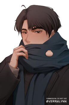 1boy aegyo_sal black_coat black_eyes black_hair blue_scarf coat covered_mouth dumpling food hand_up highres looking_at_viewer male_focus omniscient_reader&#039;s_viewpoint scarf short_hair solo upper_body verralynn yoo_joonghyuk