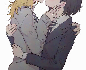 2girls black_hair blonde_hair blue_jacket blue_necktie collared_shirt commentary diagonal-striped_clothes diagonal-striped_necktie grey_sweater hands_on_another's_neck haru_(osananajimi_biglove) head_out_of_frame hug implied_kiss jacket jewelry kanno_fumi_(kannno23) koyuki_(osananajimi_biglove) long_hair long_sleeves multiple_girls necktie osananajimi_biglove ring school_uniform shirt short_hair simple_background striped_clothes sweater symbol-only_commentary upper_body white_background white_shirt yuri