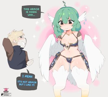 1boy 1girl ahoge armor bikini_armor birb_(niniidawns) bird_legs bird_tail black_eyes blush braid breasts cameltoe chicken_girl commentary embarrassed english_commentary english_text expressive_hair faulds feathered_wings feathers green_hair hair_between_eyes harpy head_wings highres long_hair monster_girl niniidawns original revealing_clothes small_breasts speech_bubble tail twin_braids white_feathers white_wings wide_hips wing_ears winged_arms wings