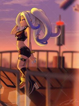 1girl anklet arm_behind_head black_boots black_panties black_shirt black_shorts blurry blurry_background boots breasts closed_mouth colored_extremities commentary commission crop_top film_grain fingernails full_body glint gradient_hair highres jewelry knee_boots large_breasts long_hair midriff multicolored_hair navel nintendo octoling octoling_girl octoling_player_character panties panty_straps puchiman purple_eyes purple_hair sharp_fingernails shirt shorts skindentation solo splatoon_(series) standing symbol-only_commentary tentacle_hair thigh_strap underwear watermark watermark_grid white_hair wristband