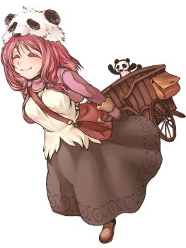 1girl between_breasts blush braid breasts brown_shoes brown_skirt closed_eyes closed_mouth commentary_request full_body jacket long_sleeves medium_breasts medium_hair merchant_(ragnarok_online) open_clothes open_jacket panda_hat pink_hair pink_jacket pullcart ragnarok_online shirt shoes simple_background skirt smile solo strap_between_breasts stuffed_animal stuffed_panda stuffed_toy transparent_background twin_braids walking white_shirt yukizaki_(snowy_cape)