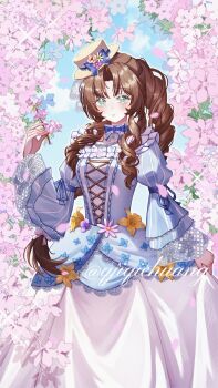 Rule 34 | 1girl, aerith gainsborough, aerith gainsborough (classic coney), blue dress, blue sky, bow, braid, braided ponytail, breasts, brown hair, cherry blossoms, choker, closed mouth, cowboy shot, curly hair, dress, falling petals, final fantasy, final fantasy vii, final fantasy vii: ever crisis, flower, green eyes, hashtag-only commentary, hat, hat bow, hat flower, highres, holding, holding flower, juliet sleeves, light blush, lily (flower), long dress, long hair, long sleeves, looking at viewer, medium breasts, mini hat, official alternate costume, outdoors, parted bangs, petals, pink flower, pink petals, puffy sleeves, qjiqiehuang, ribbon choker, sidelocks, single braid, sky, smile, solo, sparkle, twitter username, yellow flower