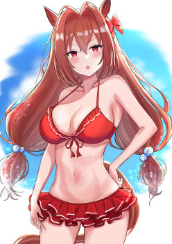Rule 34 | 1girl, absurdres, animal ears, bare shoulders, bikini, bikini skirt, blush, breasts, brown hair, cleavage, collarbone, commentary request, daiwa scarlet (mini vacation) (umamusume), daiwa scarlet (umamusume), frilled bikini, frills, front-tie bikini top, front-tie top, hair between eyes, hair bobbles, hair intakes, hair ornament, highres, horse ears, horse girl, horse tail, inori mochi, large breasts, long hair, looking at viewer, navel, official alternate costume, open mouth, red bikini, red eyes, solo, stomach, swimsuit, tail, twintails, umamusume, very long hair
