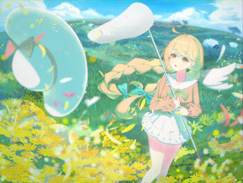 1girl :o absurdres ahoge aqua_(eos8012) aqua_bow blonde_hair bow braid brown_eyes brown_shirt butterfly_net erpin_(trickcal) feet_out_of_frame field flower flower_field green_ribbon hand_net hat highres holding holding_butterfly_net long_hair long_sleeves looking_at_object open_mouth outdoors ribbon sheep shirt skirt solo standing trickcal twin_braids unworn_hat unworn_headwear white_hat white_skirt yellow_flower
