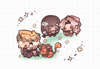 2boys 2girls aerith_gainsborough animal basket black_boots black_skirt blonde_hair blue_pants blush blym7oym7759061 boots braid braided_ponytail brown_hair buster_sword chibi chibi_only closed_eyes cloud_strife dress facial_mark feather_hair_ornament feathers final_fantasy final_fantasy_vii final_fantasy_vii_rebirth final_fantasy_vii_remake fire flame-tipped_tail flower flower_basket grid_background hair_between_eyes hair_ornament hair_ribbon head_wreath highres holding holding_basket long_hair low-tied_long_hair multiple_boys multiple_girls open_mouth pants parted_bangs pink_dress pink_ribbon red_eyes red_xiii ribbon shirt sitting skirt smile spiked_hair tail tifa_lockhart white_shirt yellow_eyes yellow_flower