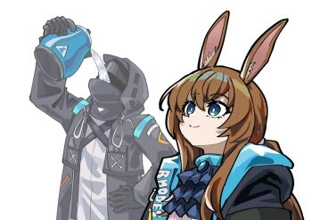 1girl 1other amiya_(arknights) animal_ears arknights ascot black_gloves black_jacket blue_ascot blue_collar blue_eyes bright_pupils brown_hair closed_mouth clothes_writing collar commentary_request doctor_(arknights) drink drinking gloves goku_and_vegeta_in_the_rain_(meme) hair_between_eyes hand_on_own_hip holding holding_drink holding_kettle hood hood_up hooded_jacket jacket kettle long_hair long_sleeves looking_up meme simple_background sleepyowl_(jobkung15) smile split_mouth white_background white_pupils