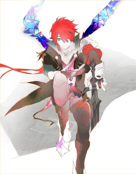 1boy absurdres adol_christin black_coat black_pants closed_mouth coat commentary crimson_king_(ys) goth_fashion grey_eyes hair_between_eyes highres male_focus pants red_hair short_hair simple_background symbol-only_commentary wings ys ys_ix:_monstrum_nox