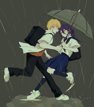 1boy 1girl backpack bag black_bag black_pants black_socks blonde_hair blue_sailor_collar blue_skirt blush chainsaw_man collared_shirt dalsan110 denji_(chainsaw_man) full_body green_eyes grey_background hair_between_eyes hair_bun highres holding holding_umbrella looking_at_another medium_hair neckerchief open_mouth orange_shirt pants purple_hair rain red_neckerchief reze_(chainsaw_man) sailor_collar school_uniform shirt shirt_under_shirt shoes short_hair short_sleeves skirt smile sneakers socks transparent transparent_umbrella umbrella updo wet white_shirt white_shoes wide-eyed