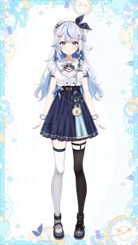 1girl analog_clock anchor_ornament anchor_symbol ankle_cuffs arm_belt arms_at_sides asymmetrical_legwear belt beret black_belt black_hair black_streaks black_thighhighs blue_border blue_bow blue_eyes blue_hair blue_shoes blue_skirt blue_streaks border bow braid breasts buttons clock closed_mouth colored_shoe_soles commentary_request diagonal-striped_bow double-breasted full_body grid_background hair_bun hair_flaps hair_ornament hairclip hairpin hat hat_bow high-waist_skirt highres hood indie_virtual_youtuber jacket legwear_garter lifebuoy long_hair looking_at_viewer mary_janes medium_breasts miniskirt mismatched_legwear mismatched_thighhighs multicolored_eyes multicolored_hair multiple_hairpins o-ring official_art open_clothes ornate_border overskirt parallel_hairclips pocket pocket_watch purple_bow sailing_ship second-party_source shiozora_namiri shirt shirt_tucked_in shoes short_sleeves side_braid side_up_bun single_side_bun siokazunoko skirt solo sparkle standing straight-on streaked_hair striped_bow swim_ring thighhighs two-tone_eyes variant_set virtual_youtuber waist_bow watch white_background white_hair white_hat white_shirt white_thighhighs white_wrist_cuffs wrist_cuffs yellow_eyes